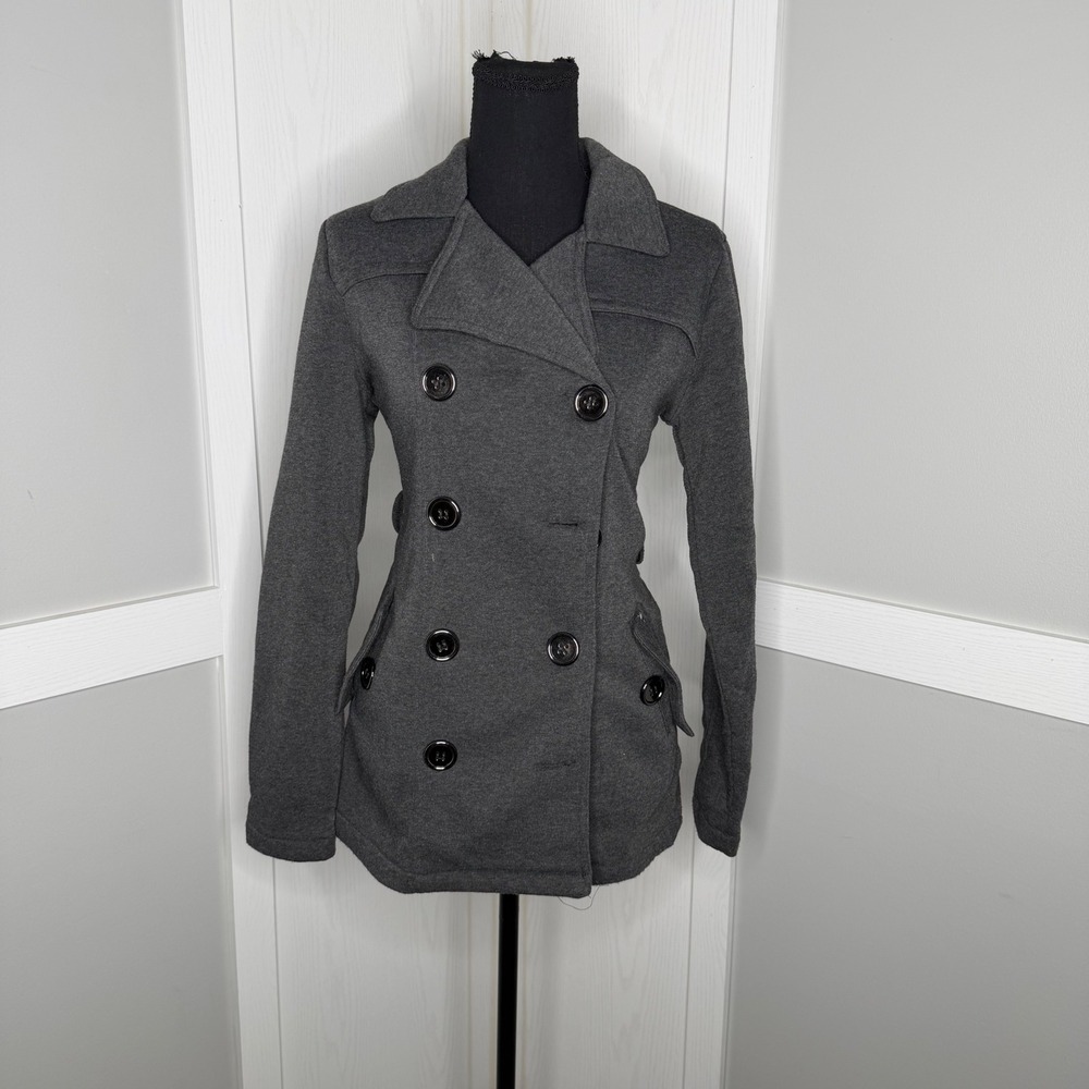 New Look Pea Coat Women Size M Charcoal Gray Stretch Fleece Double Breasted